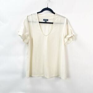 Modcloth Large Womens Cream Textured Short Sleeve Scoop V-Neck Blouse Top